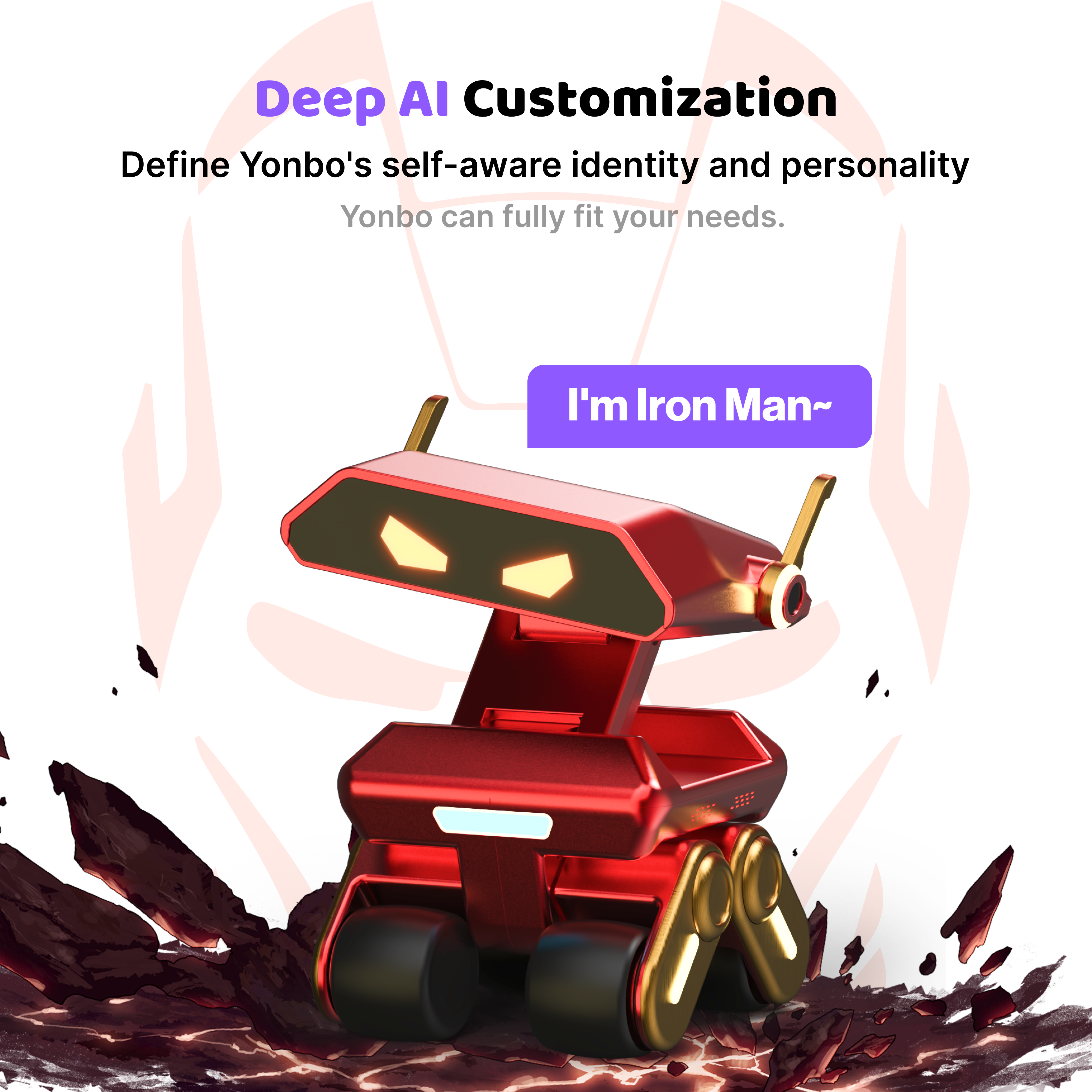 Red robot with gold accents labeled 'I'm Iron Man' on a white background with text about deep AI customization.