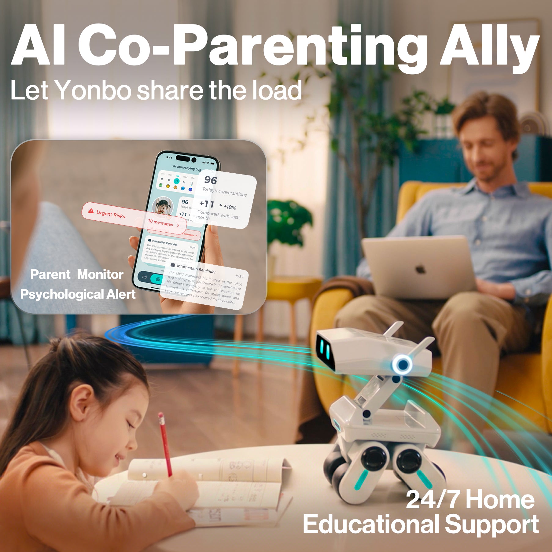 AI Co-Parenting Ally device with a child and parent in a living room setting.