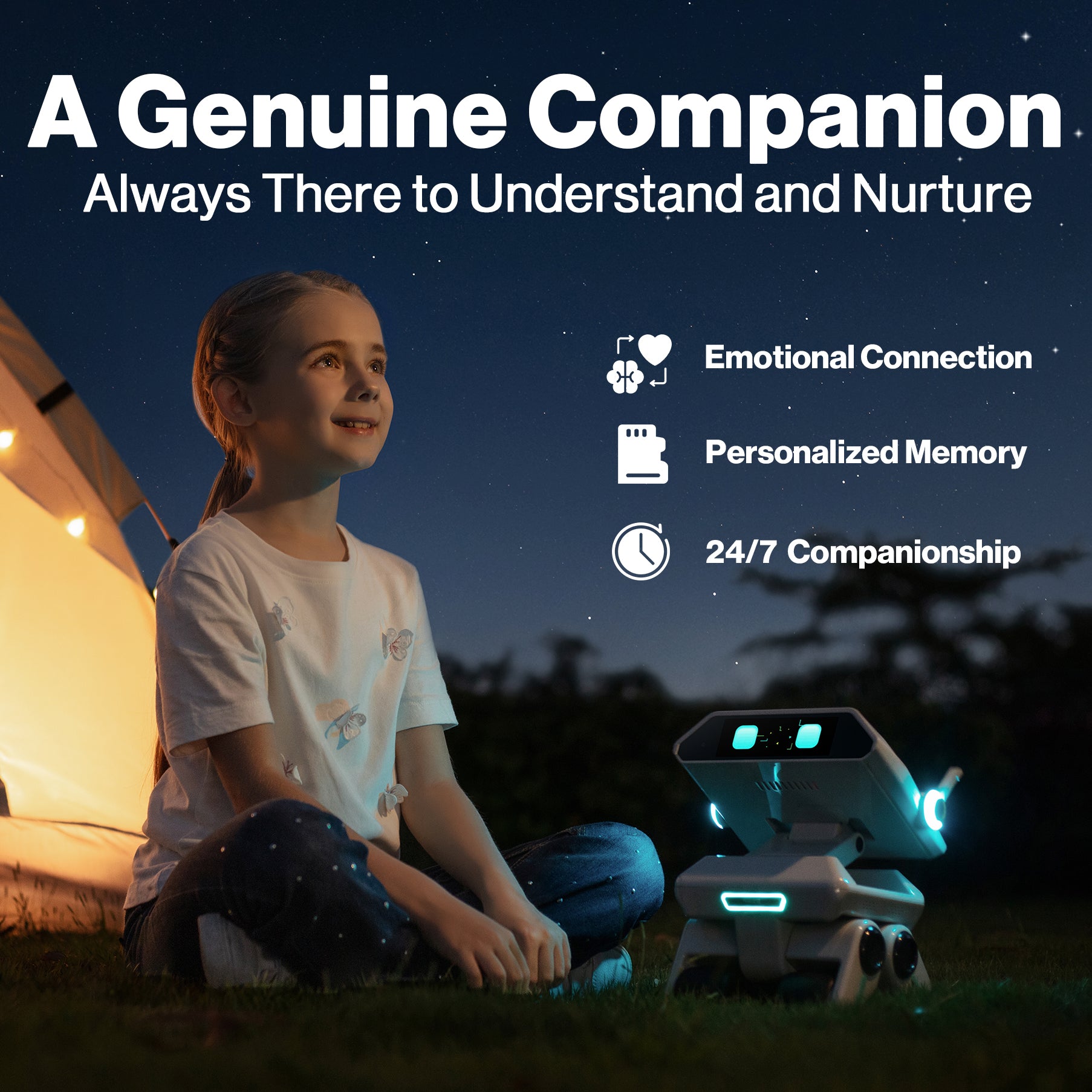Child sitting outdoors with a robot, under a starry sky, with text about emotional connection and companionship.