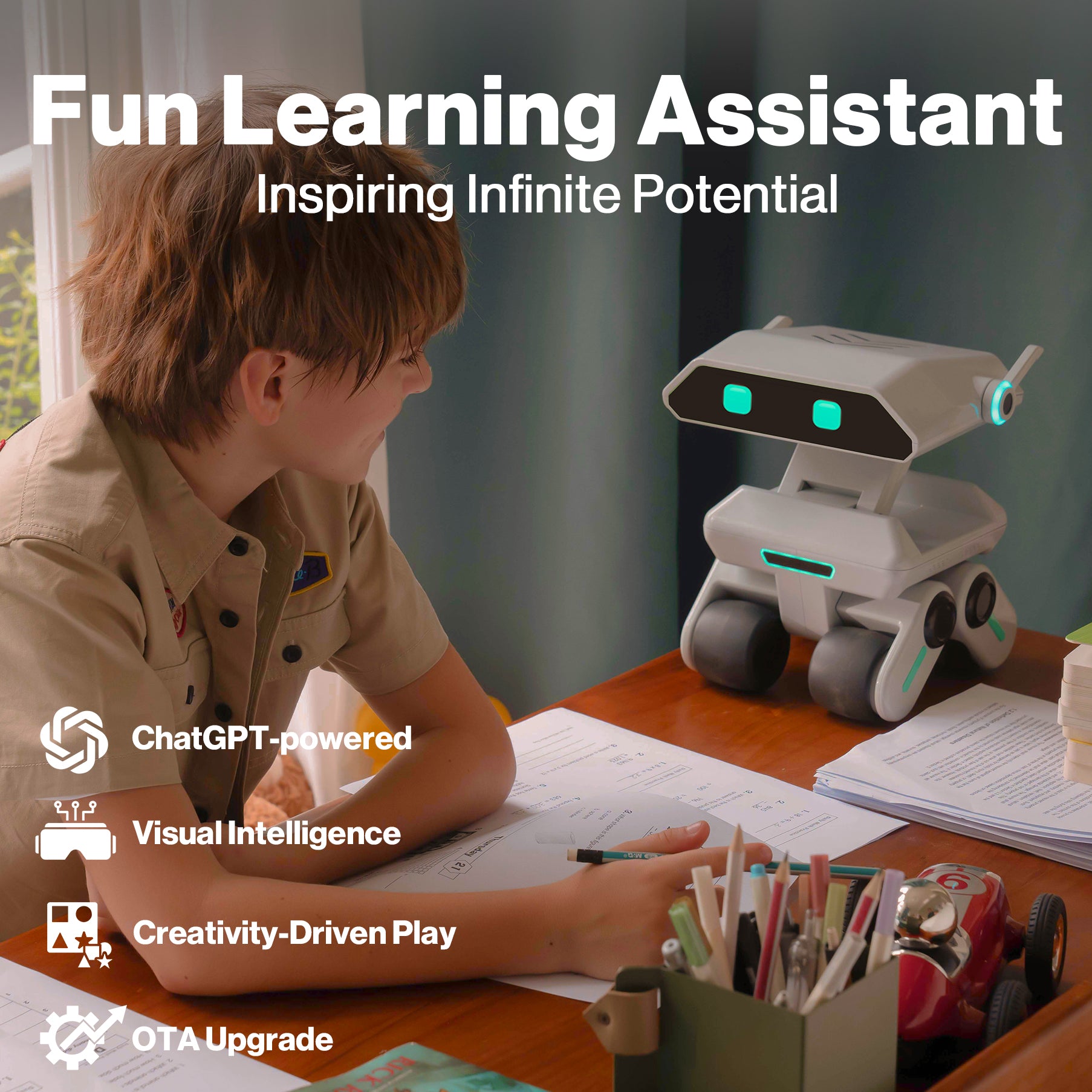 Child using a robot companion with educational materials on a desk, labeled 'Fun Learning Assistant'.