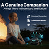 Child sitting outdoors with a robot, under a starry sky, with text about emotional connection and companionship.